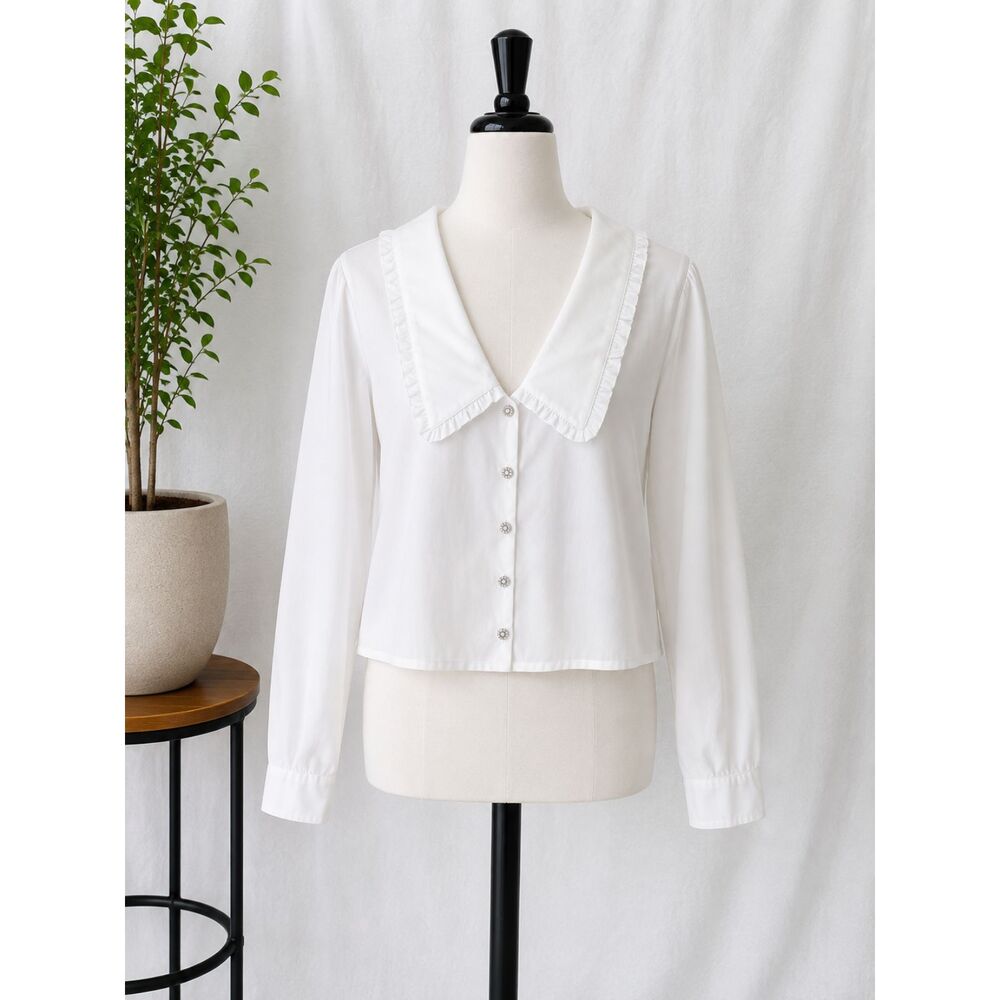 Christian Lacroix Women’s White Blouse L Ruffle Collar Crystal Buttons NWT